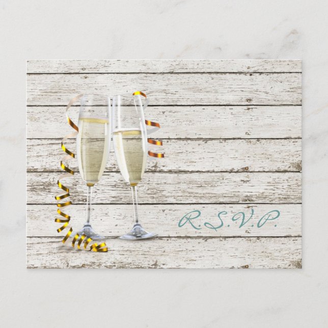 french country whitewashed wood champagne flutes invitation postcard (Front)