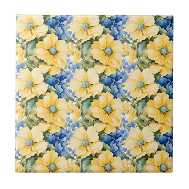 French Country Yellow and Blue Flowers Ceramic Tile (Front)