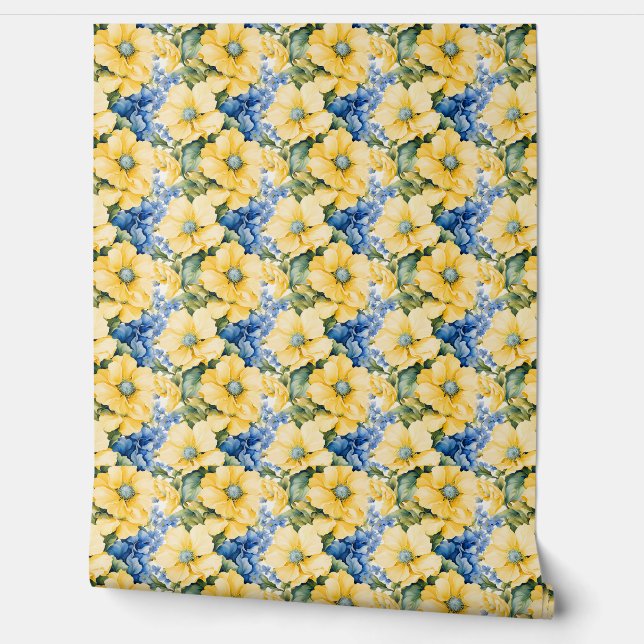French Country Yellow and Blue Flowers Wallpaper (Unrolling)