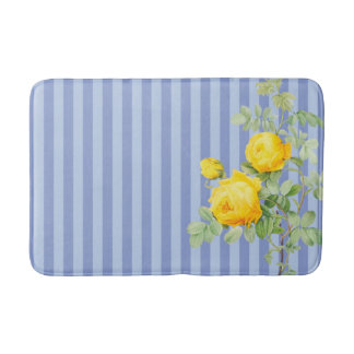 French Country Yellow Roses on Blue Stripes Bath Mat
