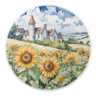 French Countryside With Sunflowers Ceramic Knob