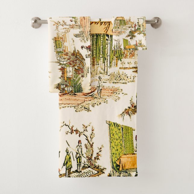 French Creme Toile Chinoiserie Style Rustic  Bath Towel Set (Insitu)