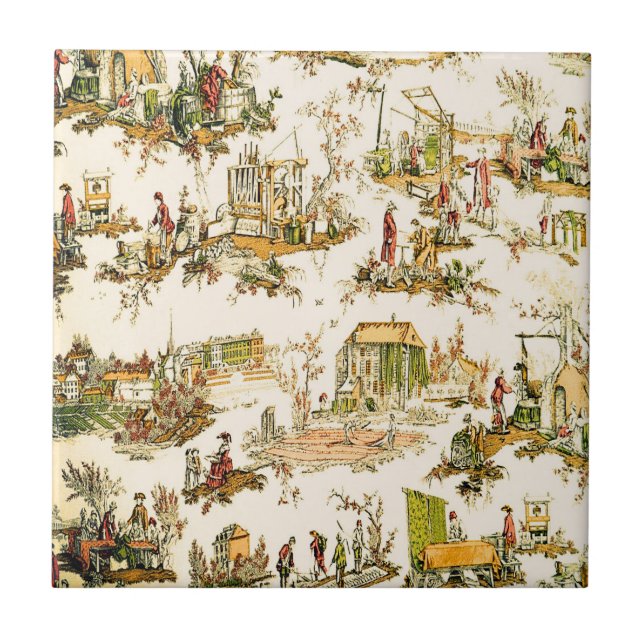 French Creme Toile Chinoiserie Style Rustic  Ceramic Tile (Front)