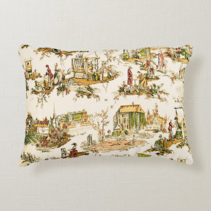 French Creme Toile Chinoiserie Style Rustic Decorative Cushion