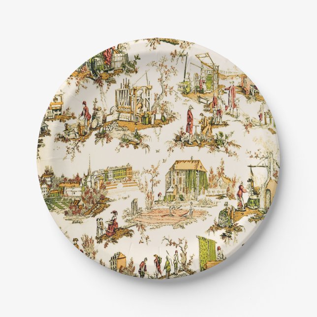 French Creme Toile Chinoiserie Style Rustic  Paper Plate (Front)