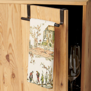 French Creme Toile Chinoiserie Style Rustic  Tea Towel