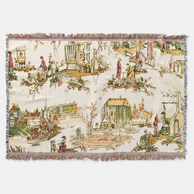 French Creme Toile Chinoiserie Style Rustic  Throw Blanket (Front)