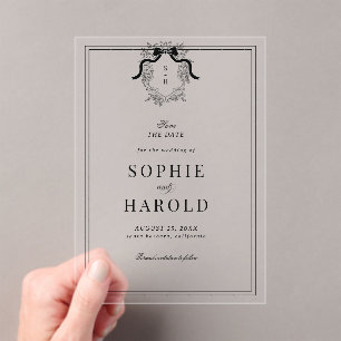 French Crest Coquette Bow Monogram Wedding Acrylic Invitations