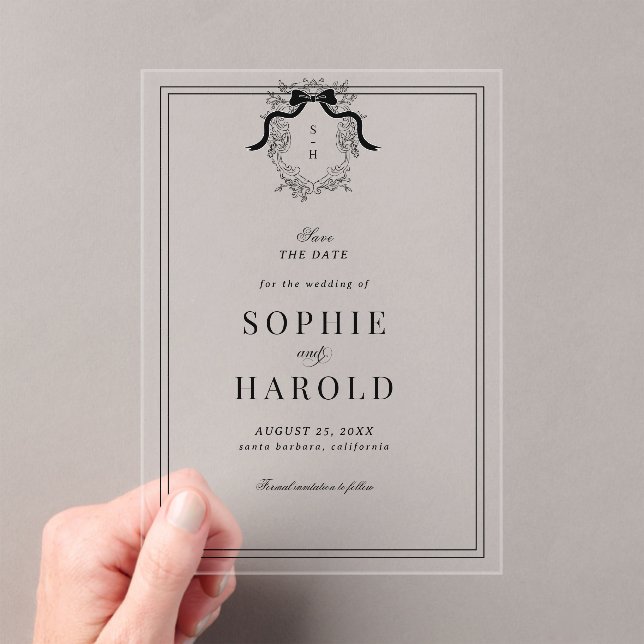 French Crest Coquette Bow Monogram Wedding Acrylic Invitations (Insitu (Handheld))