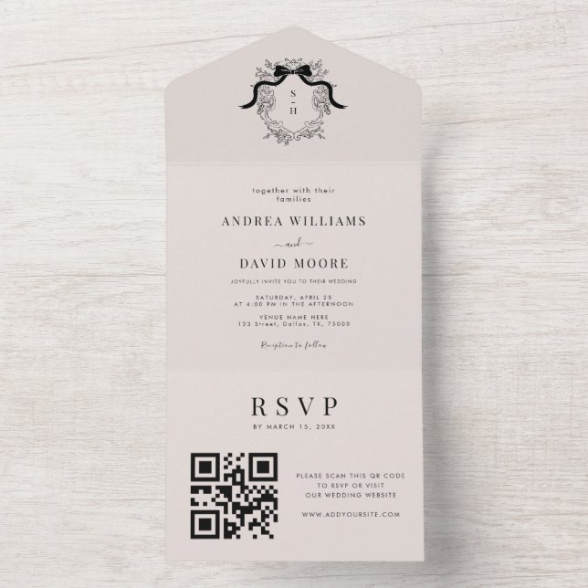 French Crest Monogram Ivory QR Code Chic Wedding All In One Invitation (Inside)
