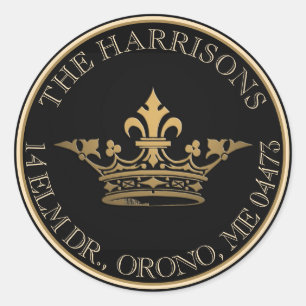 French Crown Metallic Gold Black Return Address Classic Round Sticker