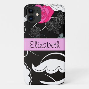 French Damask, Flowers, Black and White, Your Name iPhone 11 Case