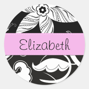 French Damask, Flowers, Black and White, Your Name Classic Round Sticker