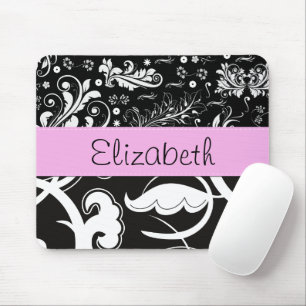 French Damask, Flowers, Black and White, Your Name Mouse Pad