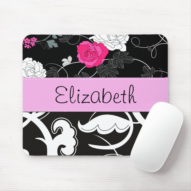 French Damask, Flowers, Black and White, Your Name Mouse Pad (With Mouse)