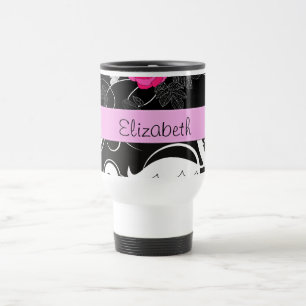 French Damask, Flowers, Black and White, Your Name Travel Mug