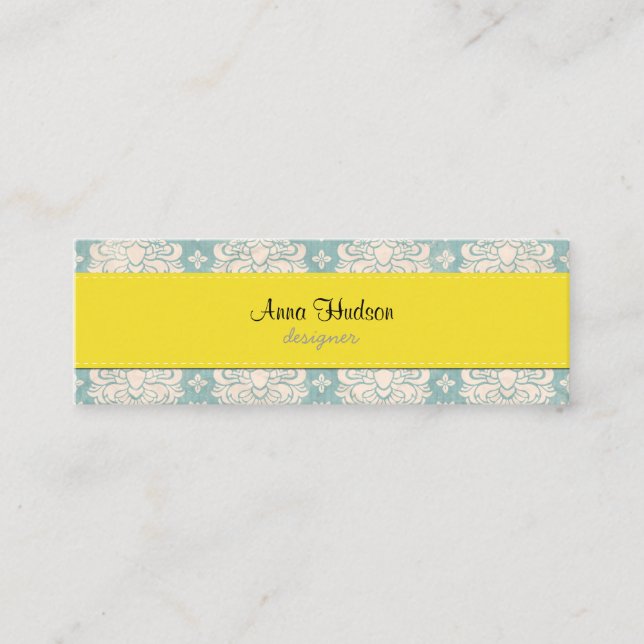 French Damask, Ornaments, Swirls - Blue White Mini Business Card (Front)
