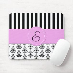 French Damask, Stripes, Black and White, Monogram Mouse Pad