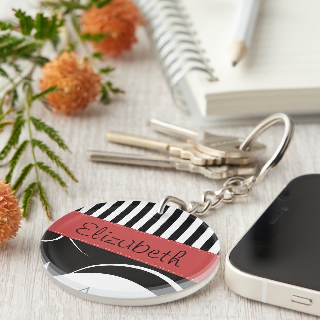 French Damask, Stripes, Black and White, Your Name Key Ring (Front Right)