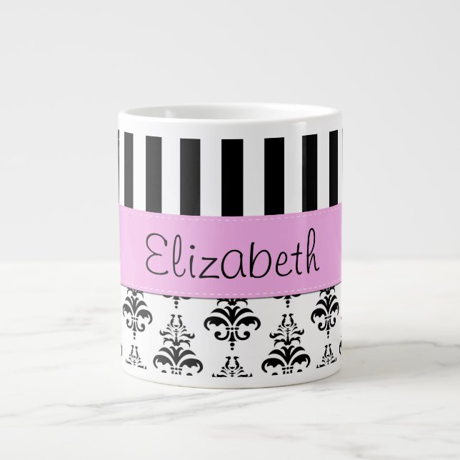 French Damask, Stripes, Black and White, Your Name Large Coffee Mug (Front)