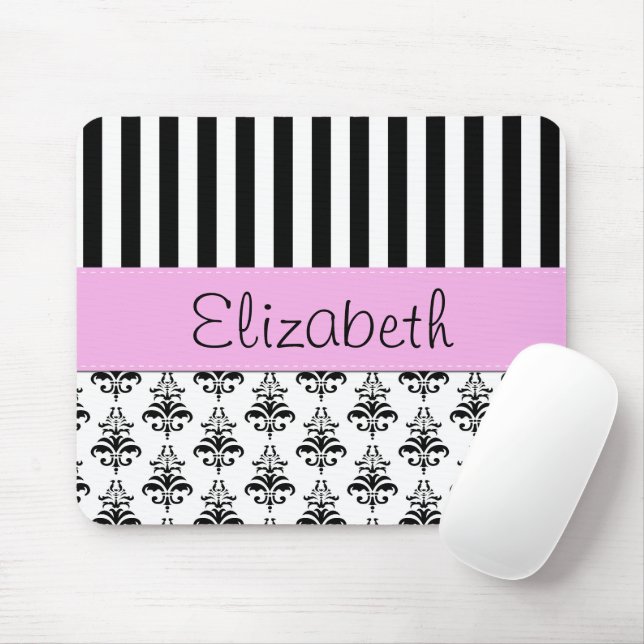 French Damask, Stripes, Black and White, Your Name Mouse Pad (With Mouse)