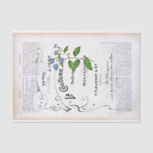 French Dictionary Page Text Blue Flower Decoupage  Tissue Paper