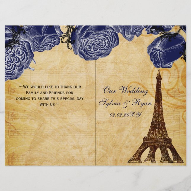 French Eiffel tower navy folded Wedding program (Front)