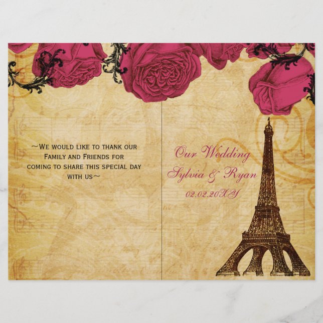 French Eiffel tower pink  folded Wedding program (Front)