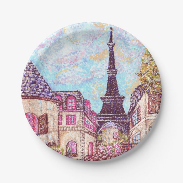 French Eiffel Tower Pointillism inspired landscape Paper Plate (Front)