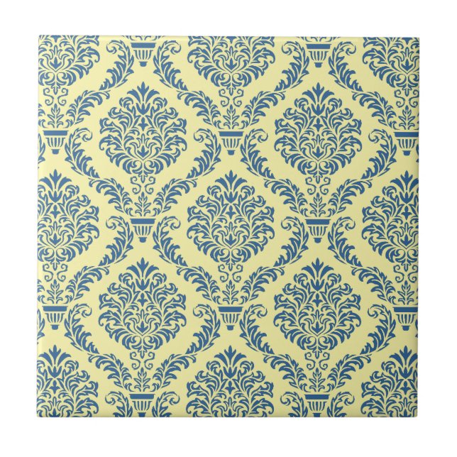 French Empire Damask in Azure Blue and Cream Tile (Front)