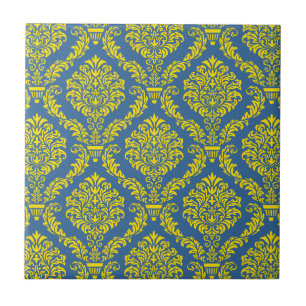French Empire Damask in Azure Blue and Yellow Tile