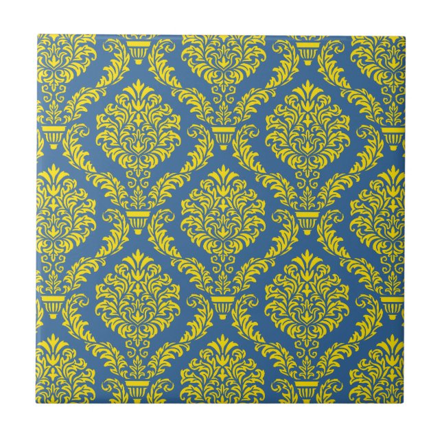 French Empire Damask in Azure Blue and Yellow Tile (Front)