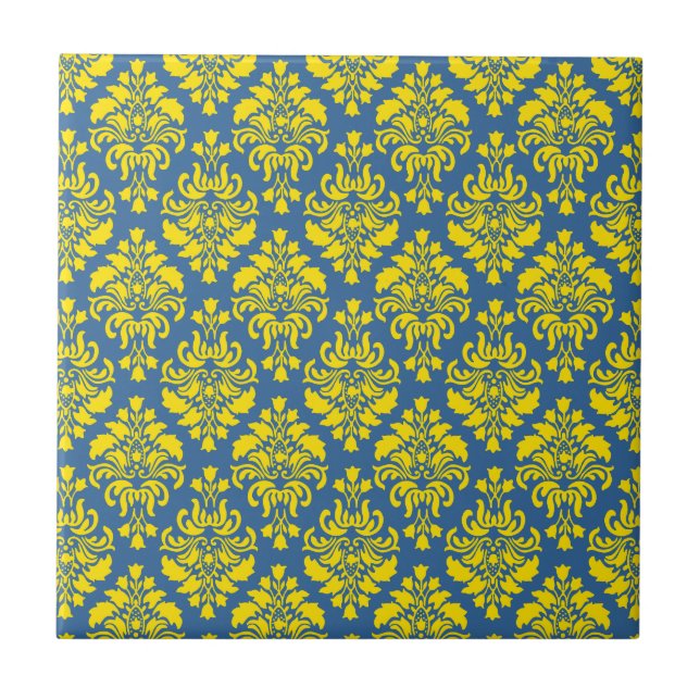 French Empire Damask in Yellow and Azure Blue Ceramic Tile (Front)