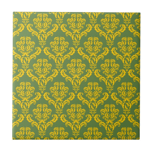 French Empire Damask in Yellow and Palm Green Ceramic Tile (Front)
