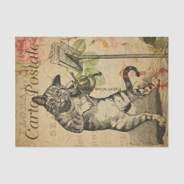 French Ephemera Cat Playing Fiddle Roses Decoupage Tissue Paper (Front)