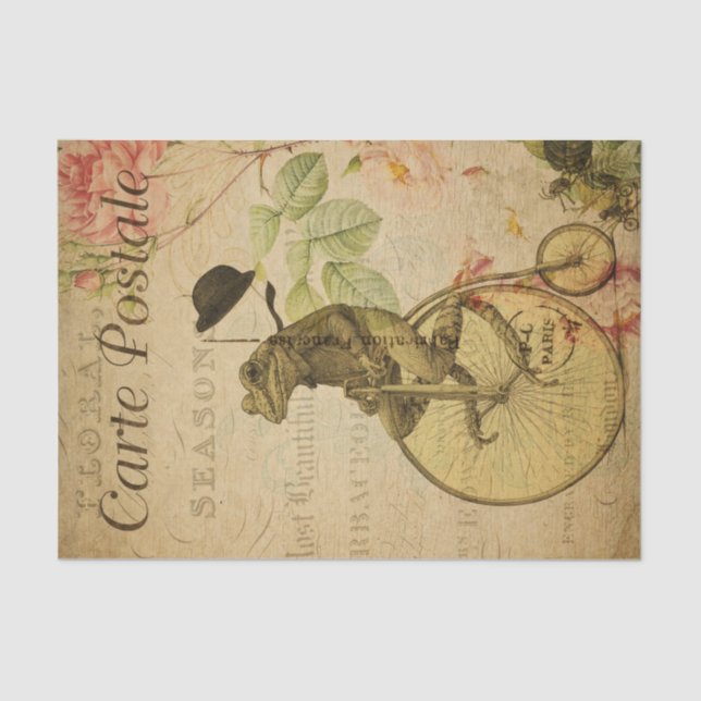 French Ephemera Frog Riding Bicycle Rose Decoupage Tissue Paper (Front)