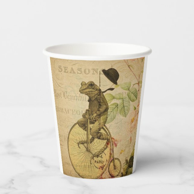 French Ephemera Frog Riding Bicycle Rose  Paper Cups (Back)