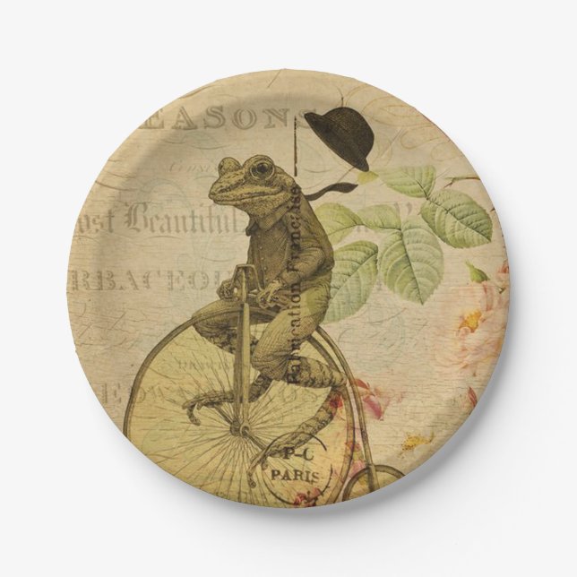 French Ephemera Frog Riding Bicycle Rose  Paper Plate (Front)