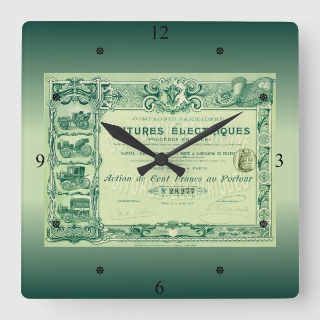 French Ephemera ~ Paris ~ Voitures Électriques ~ Square Wall Clock (Front)