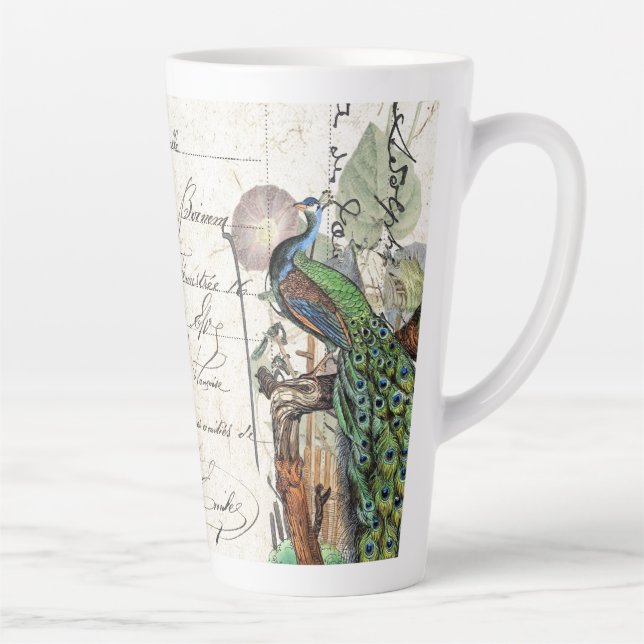 French Ephemera Peacock Bird Flowers Latte Mug (Right)