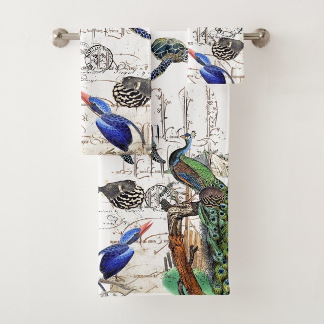 French Ephemera Peacock Turtle Kingfisher Birds Bath Towel Set (Insitu)