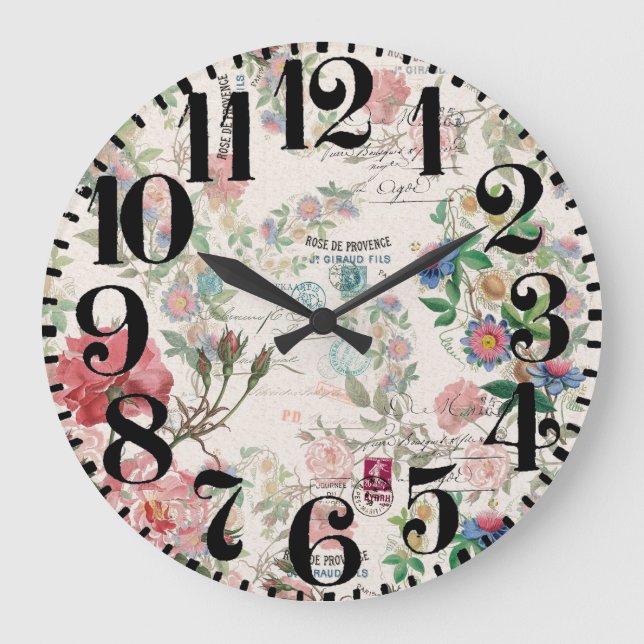French Ephemera Rose Floral Big Number Wall Clock (Front)