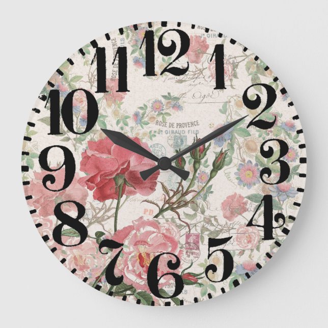 French Ephemera Roses Floral Big Number Wall Clock (Front)