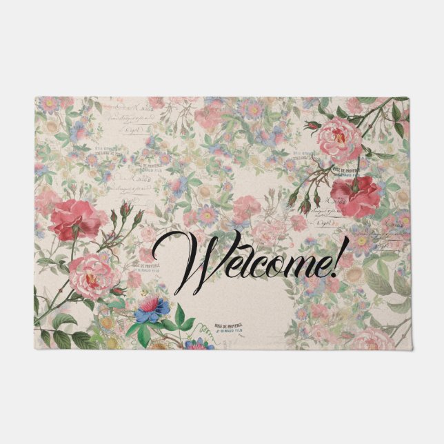 French Ephemera Roses Floral Welcome Doormat (Front)