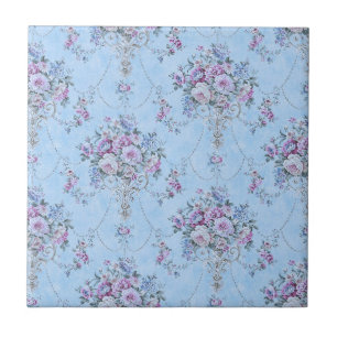French European Blue White Victorian Style Floral  Ceramic Tile