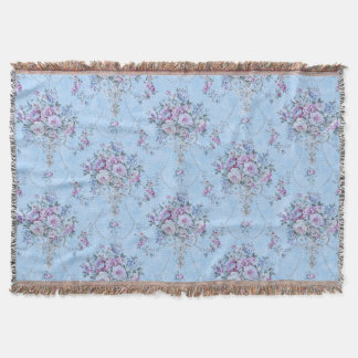 French European Blue White Victorian Style Floral Throw Blanket