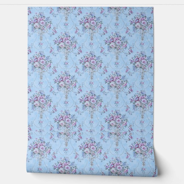 French European Blue White Victorian Style Floral  Wallpaper (Unrolling)