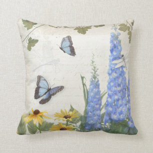 French Farm Vintage Delphinium Butterfly Script Cushion