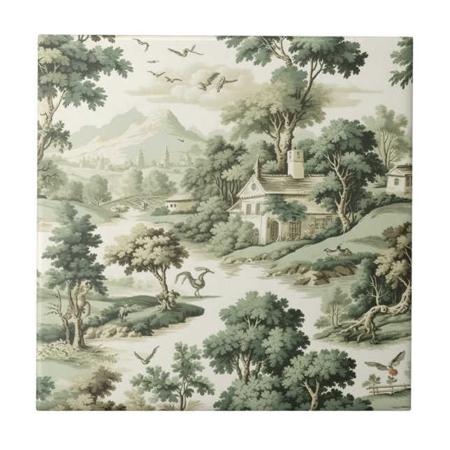 French Farmhouse Green Toile Village Pattern Ceramic Tile (Front)