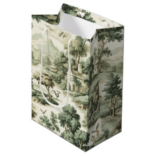 French Farmhouse Green Toile Village Pattern Medium Gift Bag